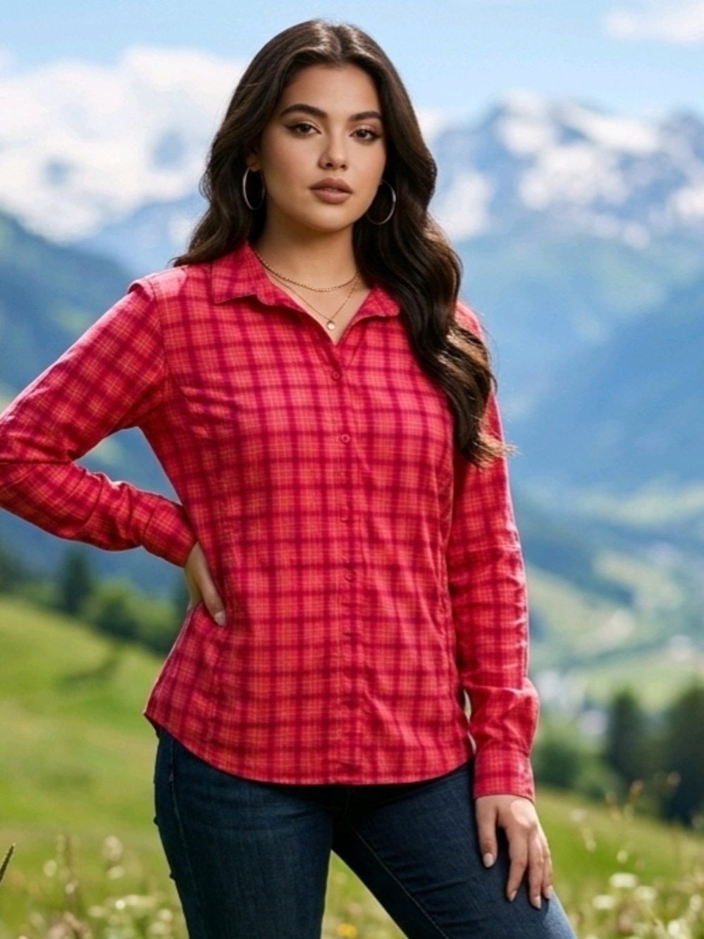 Deluth Trading Women's Button Up Orange Plaid Mesh Pocket Inside Vented EUC